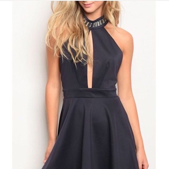 Women’s Midnight Grey Jewel Embellished Low Front & Open Back Halter Dress S/M/L - Picture 6 of 11